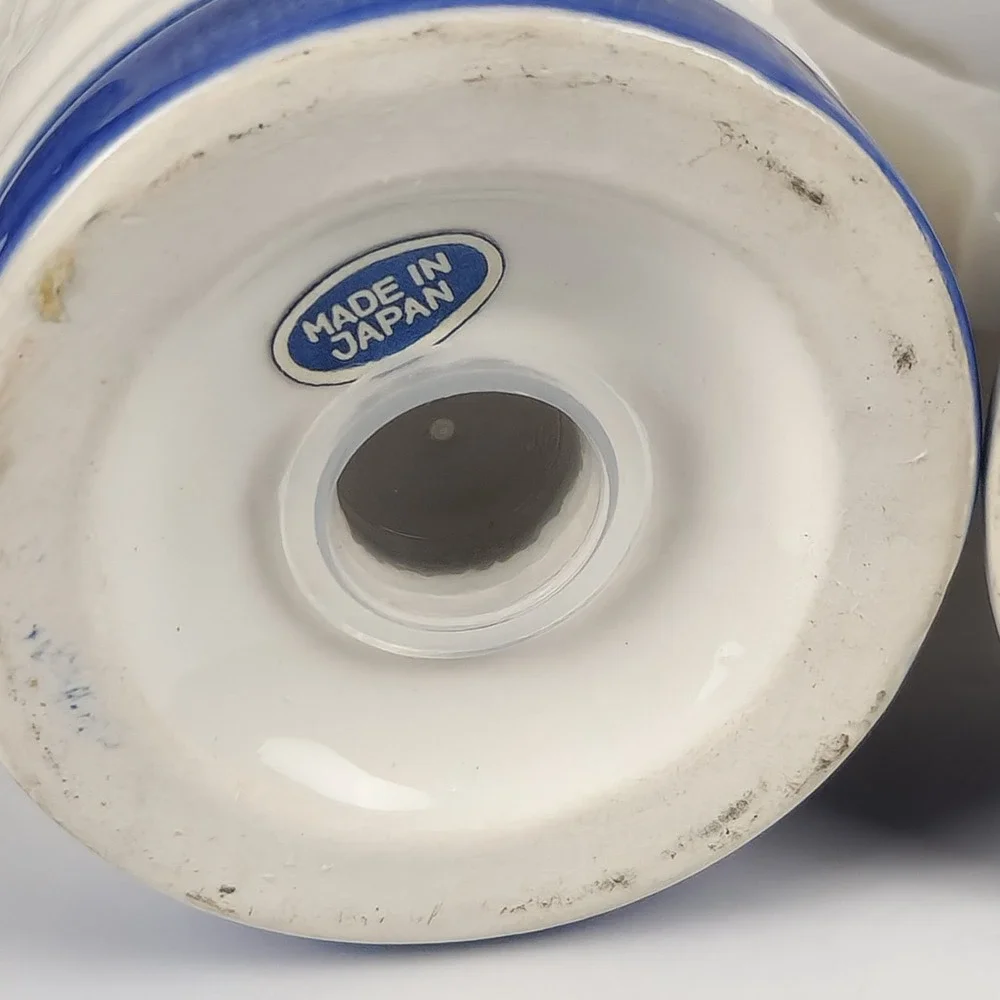 Vintage Six Flags Salt and Pepper Shakers Beer‎ Stein Japan Blue White Ceramic